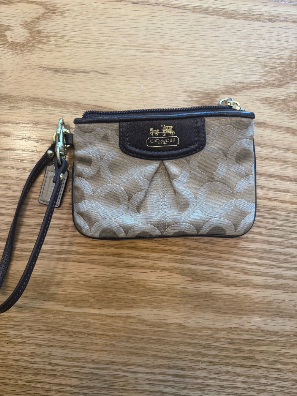 Coach Beige Signature Canvas Wristlet with Dark Brown Trim Purple liner